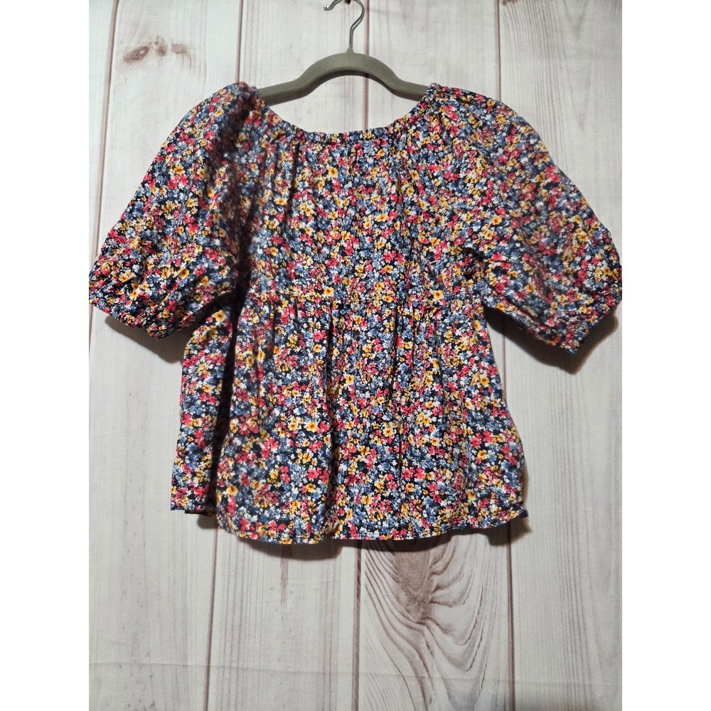 Old Navy Floral Babydoll Puff Sleeve Top XS Blue Red Yellow Cotton Blouse